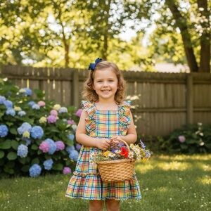 Rare Editions Little Girl Coral Multi Colored Checked Ruffle Sleeve Dress Size 5